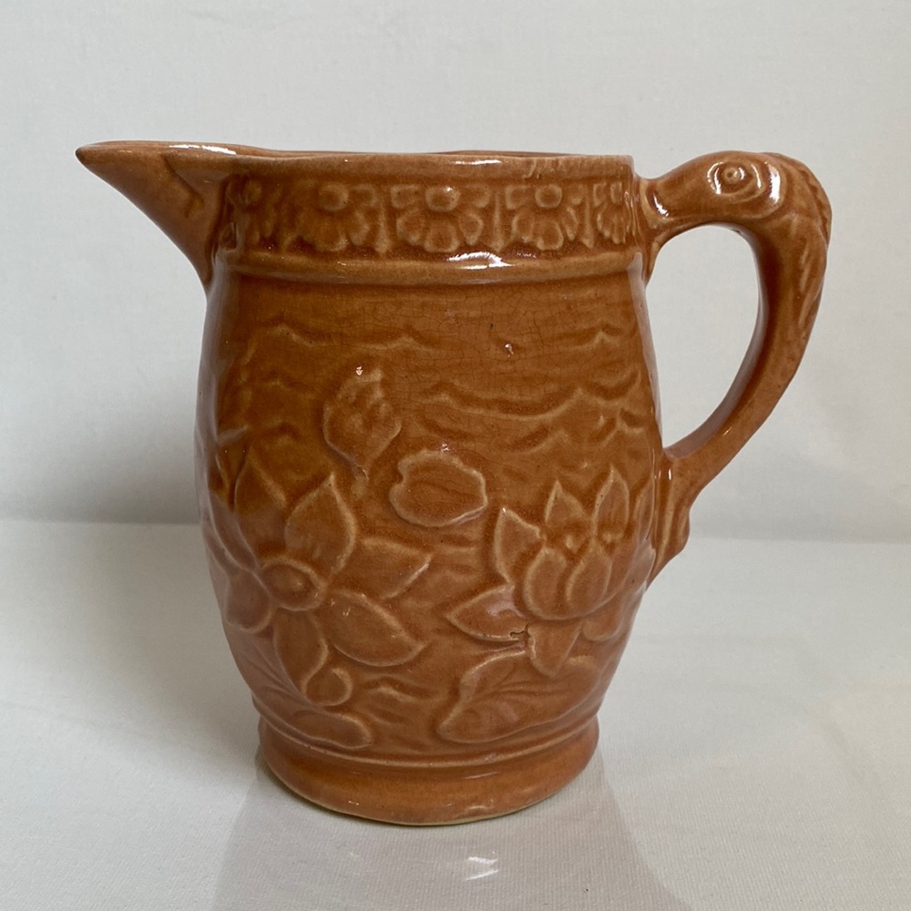 Vintage McCoy Water Lily Lotus Pitcher Peachy Brown with fish handle & lily pads